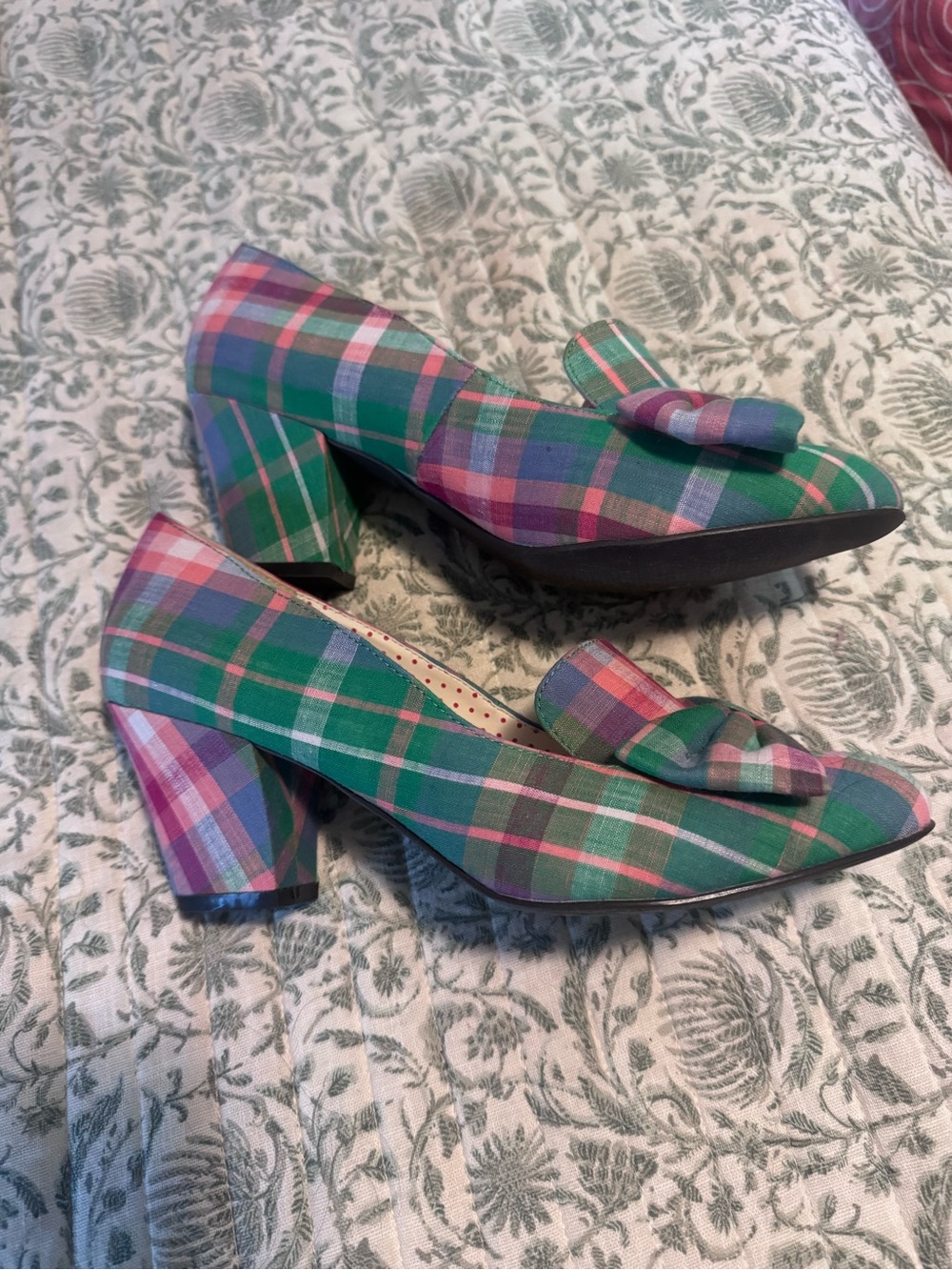 Plaid Pastel Block Heel Pumps - Pink Green Blue - Picture 2 of 4